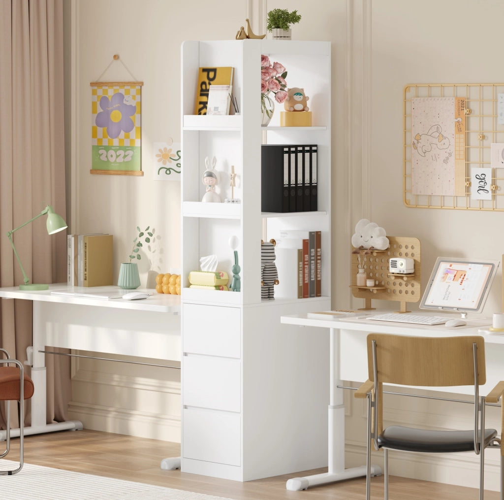 Libreria stretta bianca alta 200 cm con 3 cassetti