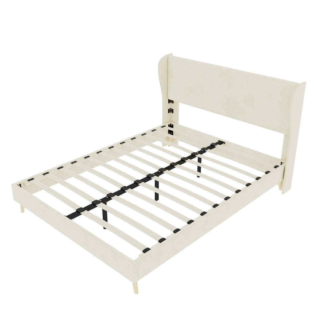 Letto imbottito moderno 160x200 cm con testiera beige e base bassa senza contenitore