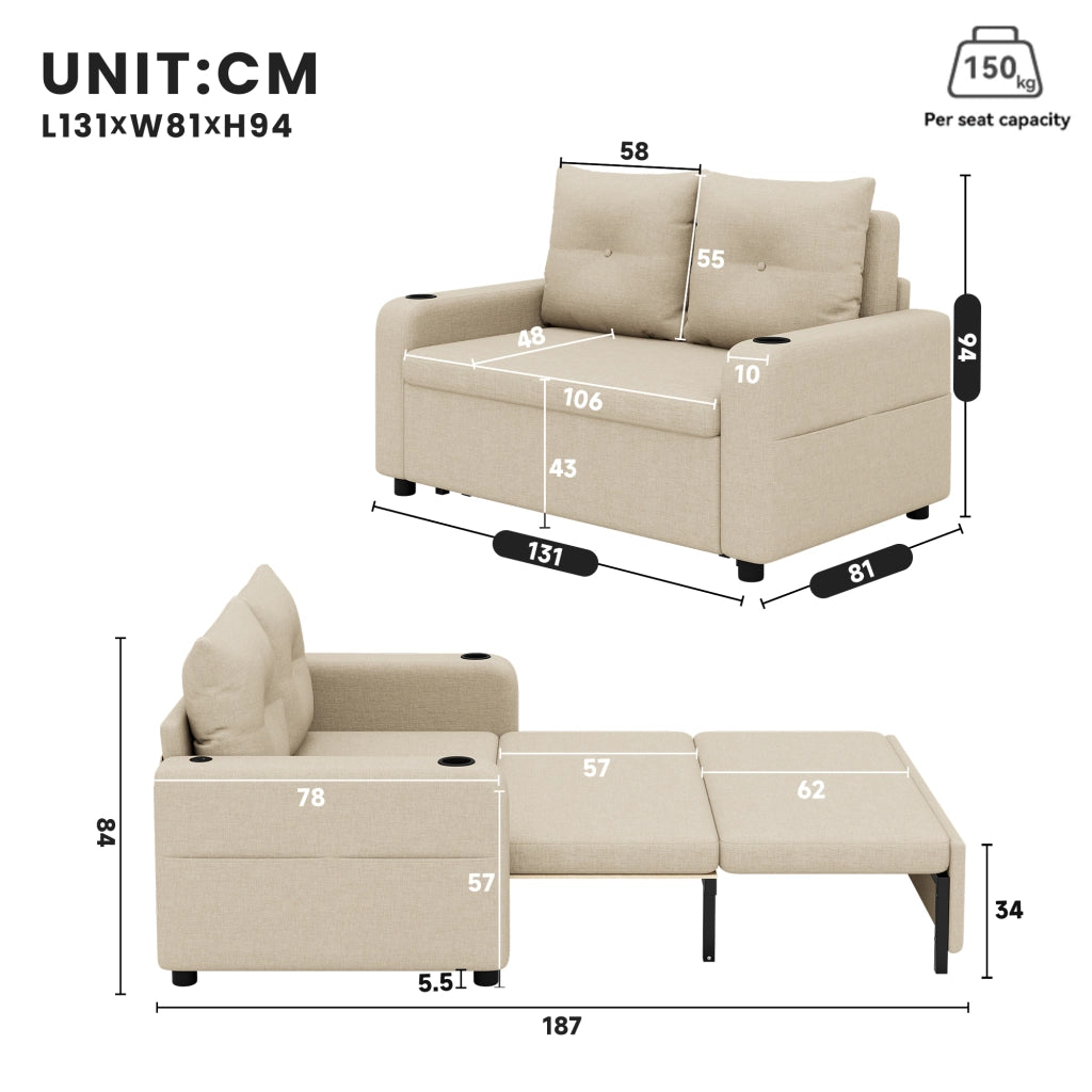 Divano letto 2 posti - con funzione relax e USB - con portabicchieri e tasche - beige