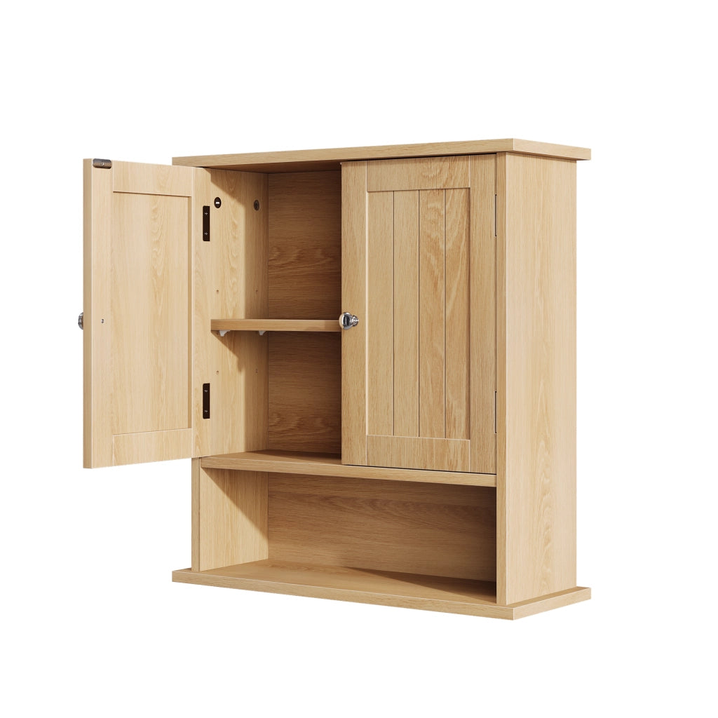 Armadietto pensile da bagno con 2 ante e vano aperto, finitura effetto rovere, in MDF marrone multicolore, per bagno