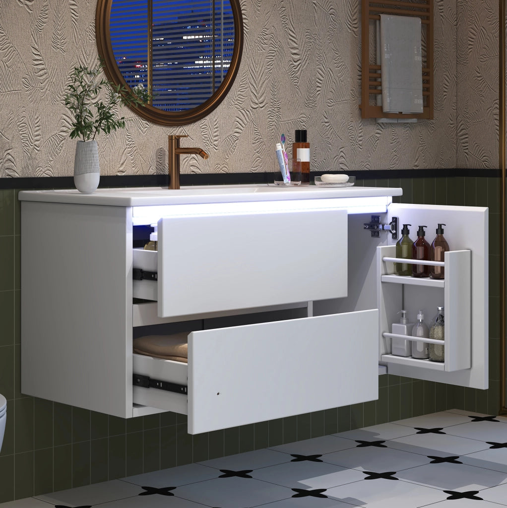Mobile lavabo sospeso 91.5x46.5x50.5 cm con LED a sensore; lavabo in ceramica; bianco