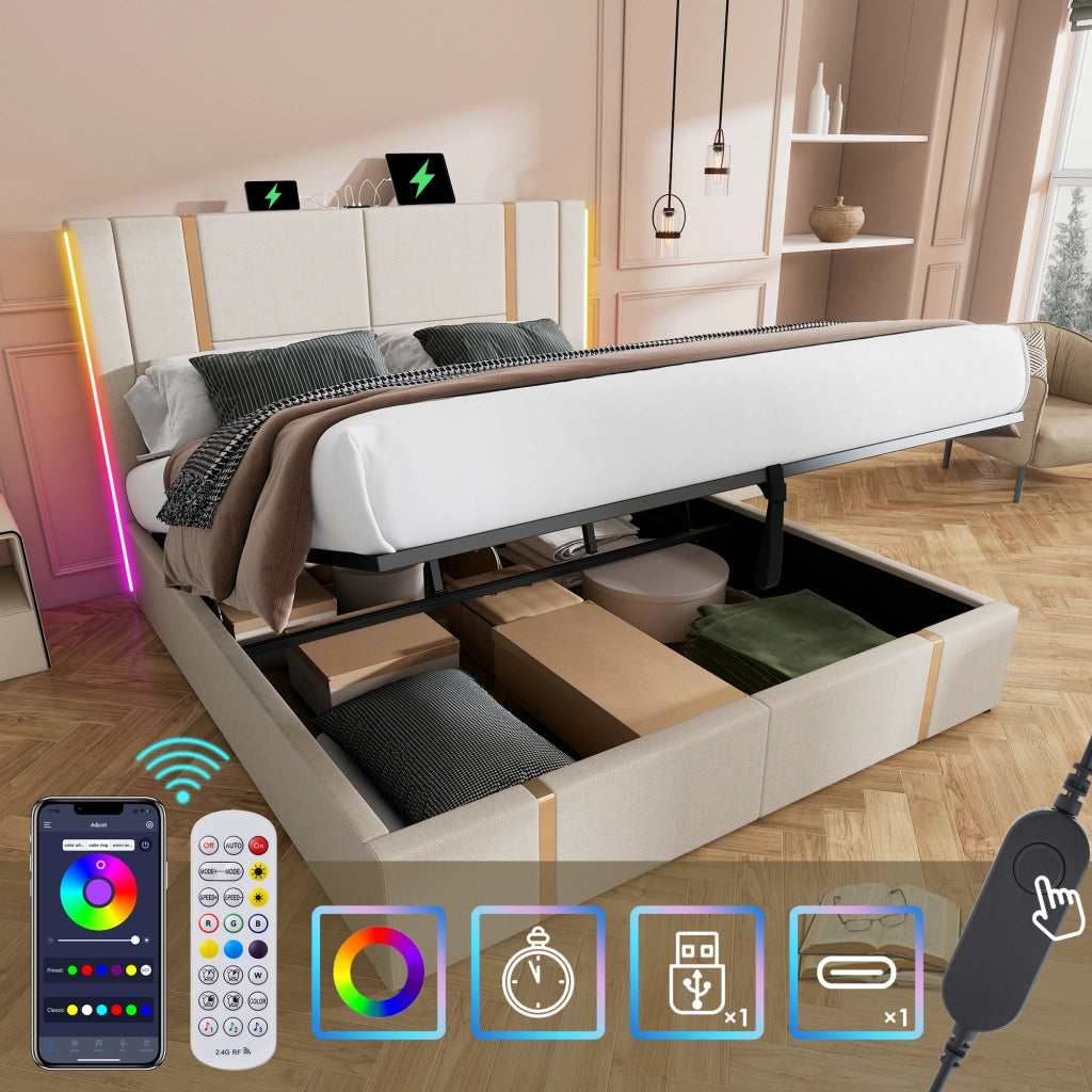 Letto contenitore 140 × 200 cm con LED RGB USB e Type-C testiera imbottita in lino beige con rete a doghe