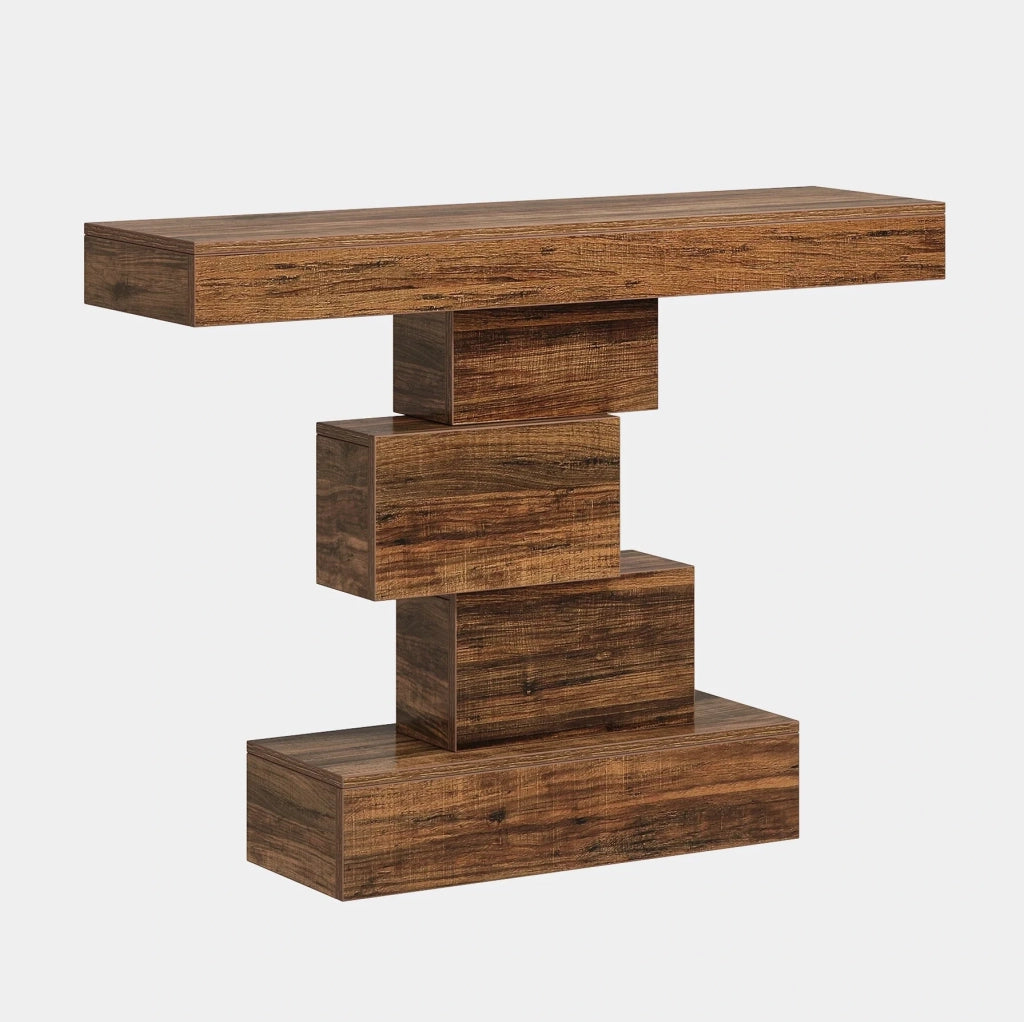 Tavolo consolle moderno con base geometrica in legno 108x30x80 cm, colore marrone rustico