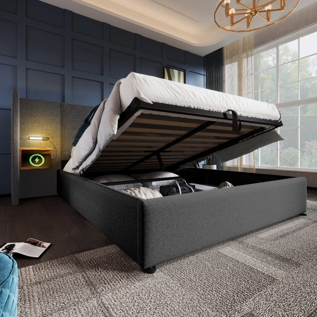 Letto imbottito 160x200 cm grigio con vano contenitore, luce LED, USB e Type-C