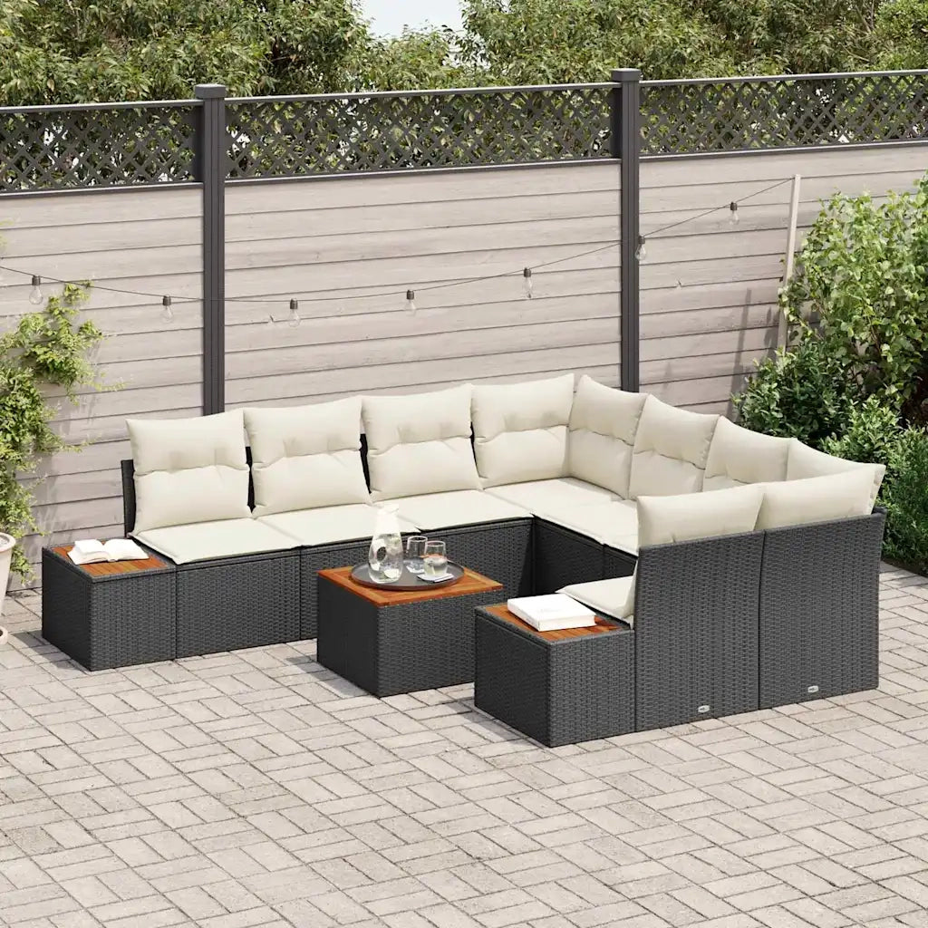 Set Divano da Giardino con cuscino 9 pcs Nero Poly Rattan