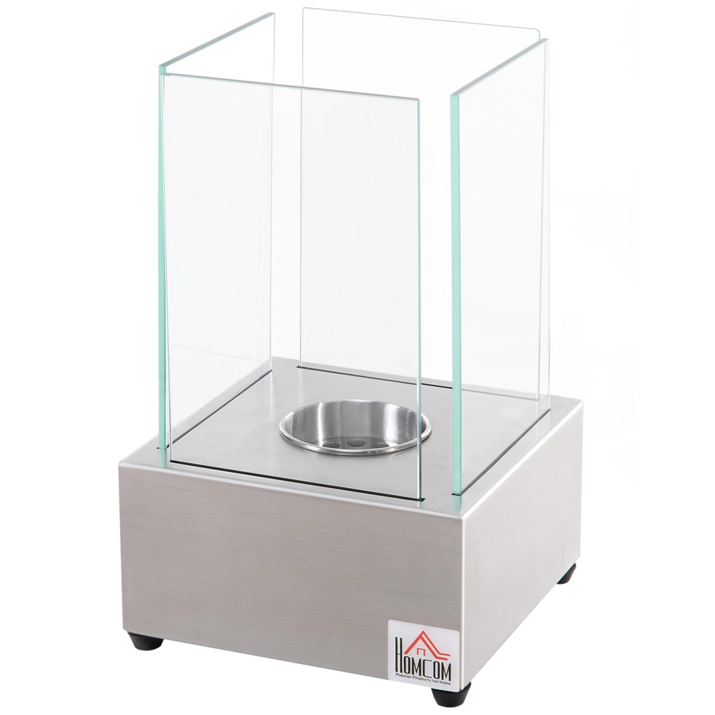EasyComfort Camino a Bioetanolo da Tavolo con Bruciatore da 0.4L, Biocamino in Acciaio e Vetro per Interni ed Esterni, 20x20x33cm, Argento