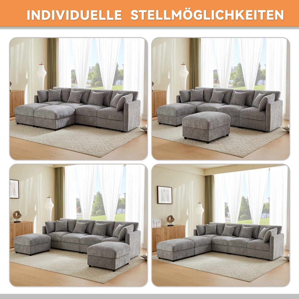 Divano modulare 4 posti con 2 pouf e braccioli regolabili in chenille grigio 284 × 156,5 × 86 cm con 6 cuscini