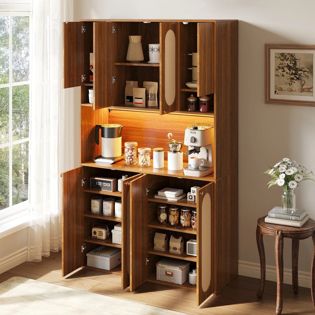 Credenza alta con 8 ante e vano bar aperto con LED regolabile in MDF naturale per sala da pranzo e soggiorno 106 × 40 × 178 cm