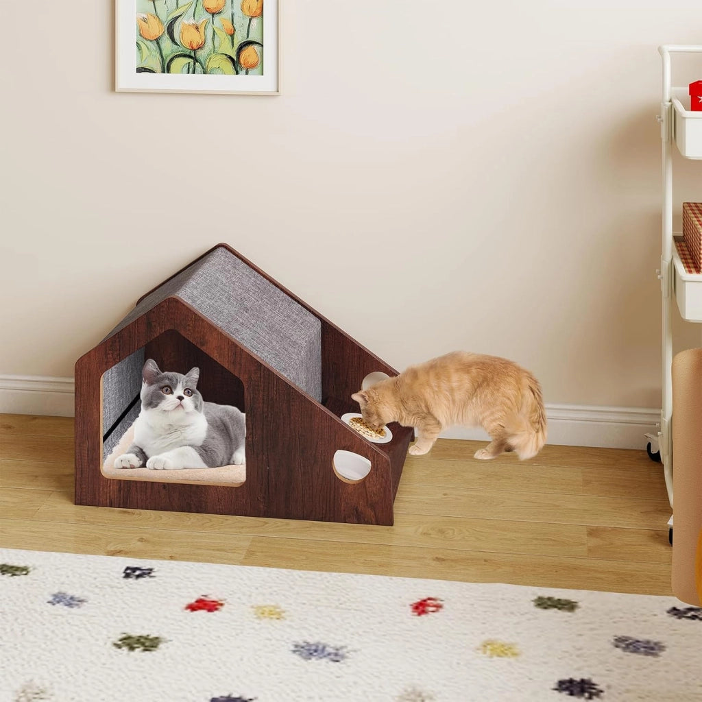 Casetta in Legno per Gatti da Interni con Stazione di Alimentazione
Condo per Gatti con Tetto Rimovibile e Struttura in Metallo, Cuccia per Gattini in Stile Fattoria, 60 x 40 x 40 cm