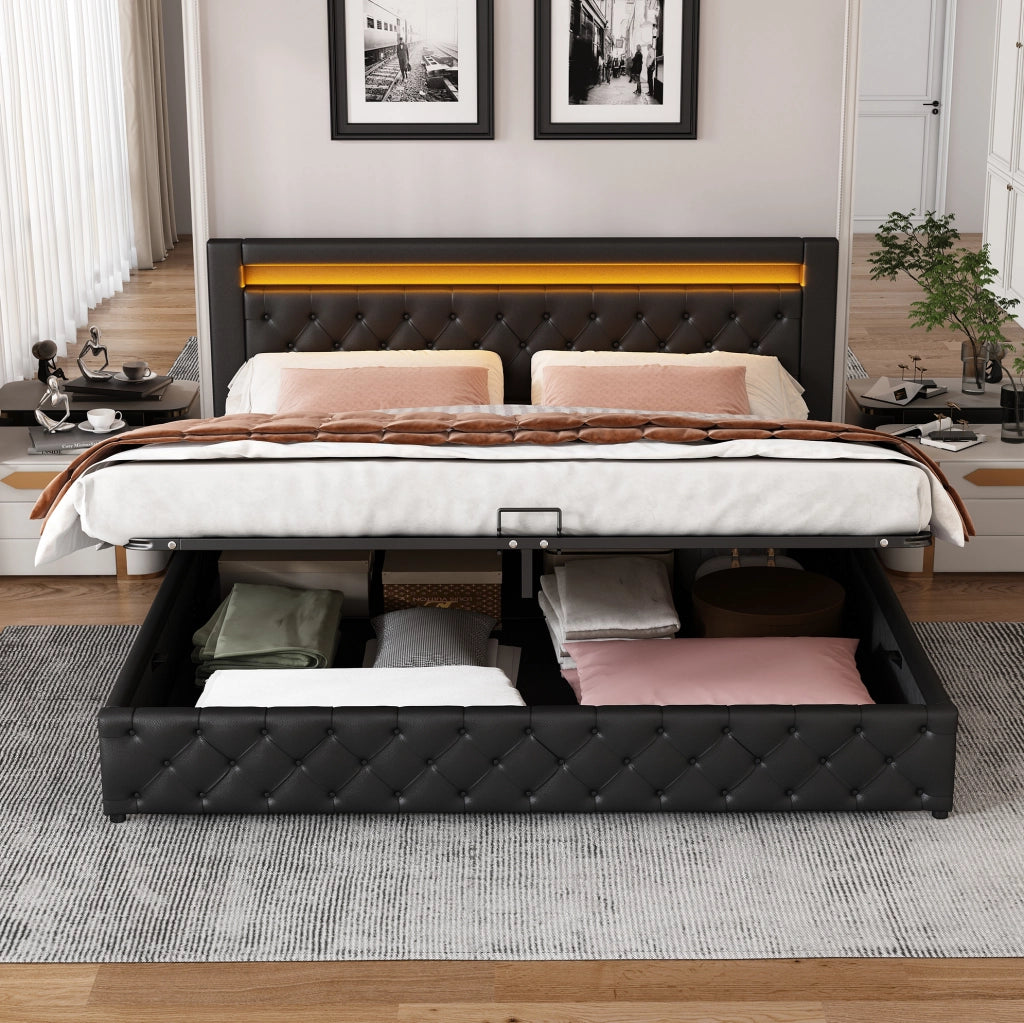 Letto imbottito 160x200 cm con rete, contenitore e LED, nero