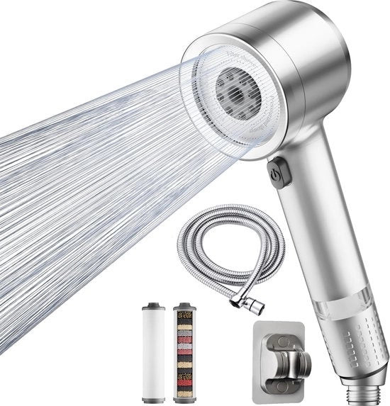 Douchekop con filtro Cappuccio d'acqua con alta pressione Sistema di filtraggio con 15 strati, tubo di 1,5 m, quattro tipi di riscaldamento Douchekop economico per rimuovere acqua dura, cloro residuo, batteri e metalli pesanti