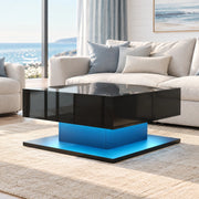 Tavolino basso alzabile con piano a ribalta due cassetti LED con controllo tramite app nero 72 × 72 × 35 cm
