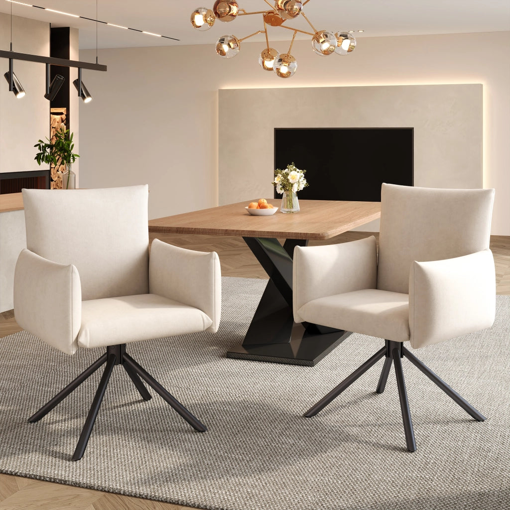 Sedie da pranzo girevoli a 360°, 6 pezzi in velluto beige con braccioli imbottiti e schienale ergonomico