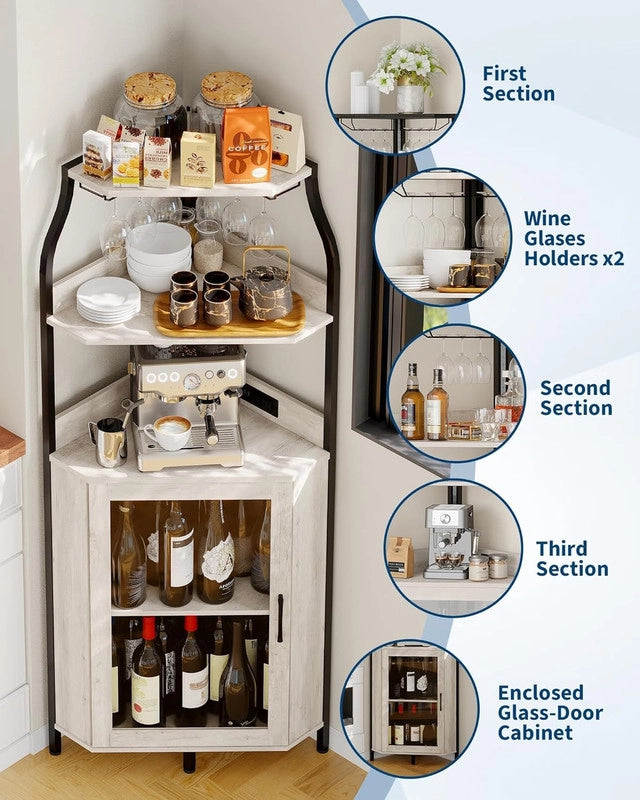 Cantinetta Mobile Bar Industriale a 4 Livelli con Vetrine Luci LED e Porta Bicchieri