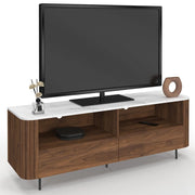 IDMarket - 140 cm MARLA mobile TV effetto doghe in noce con 2 cassetti e piano in marmo bianco ALASKA