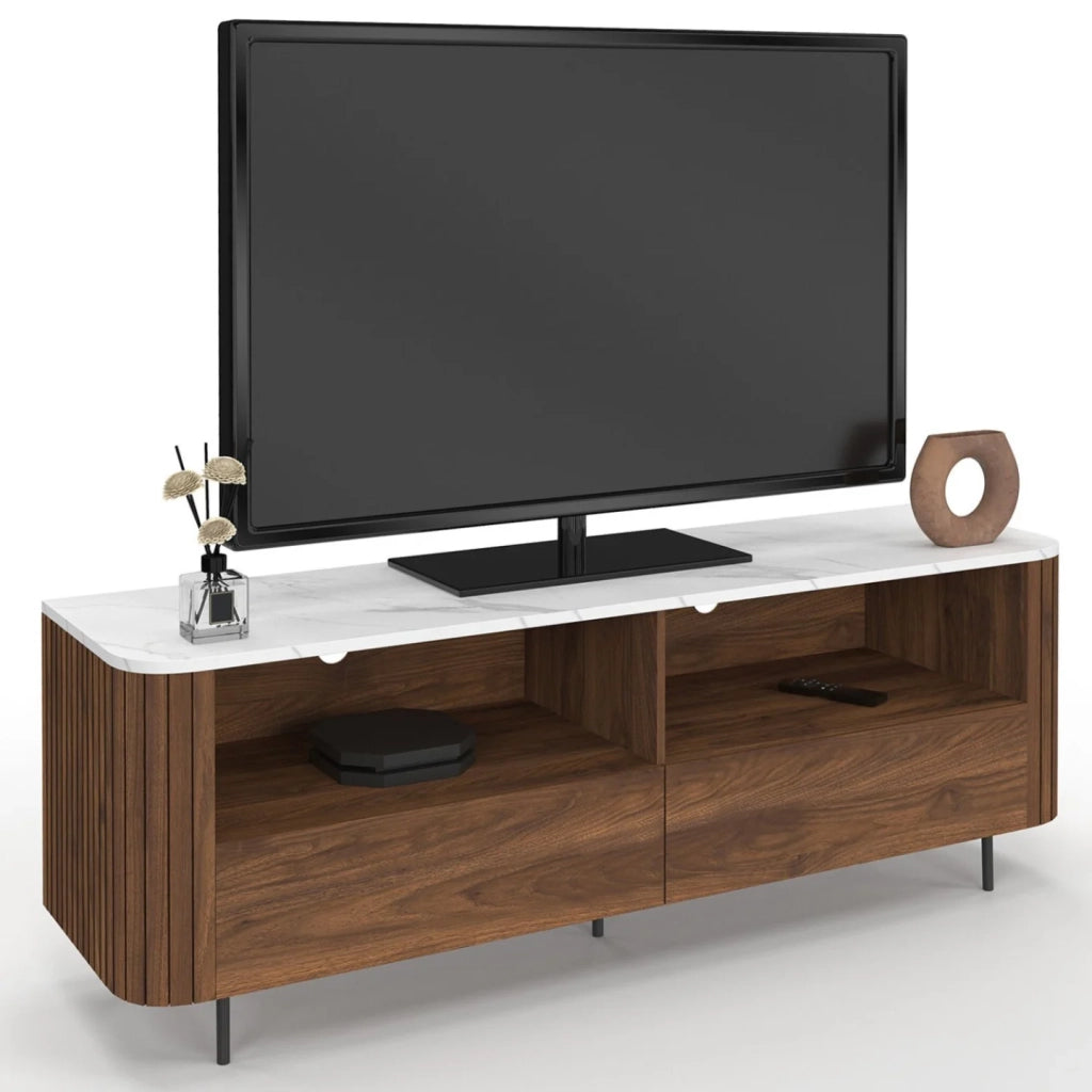 IDMarket - 140 cm MARLA mobile TV effetto doghe in noce con 2 cassetti e piano in marmo bianco ALASKA