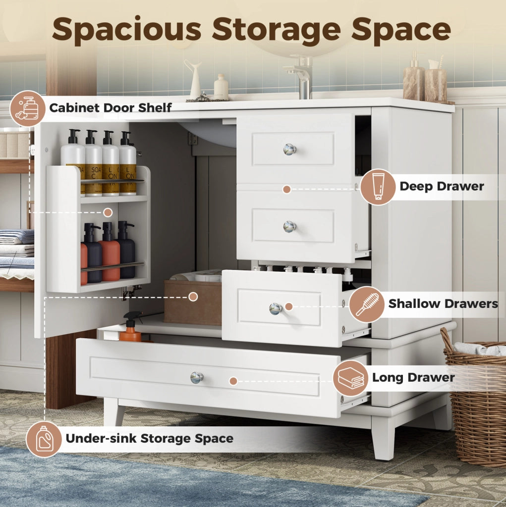 Mobile bagno 81 cm bianco lucido con tre cassetti, anta singola con ripiani e ampio spazio sotto lavabo, lavabo in ceramica incluso