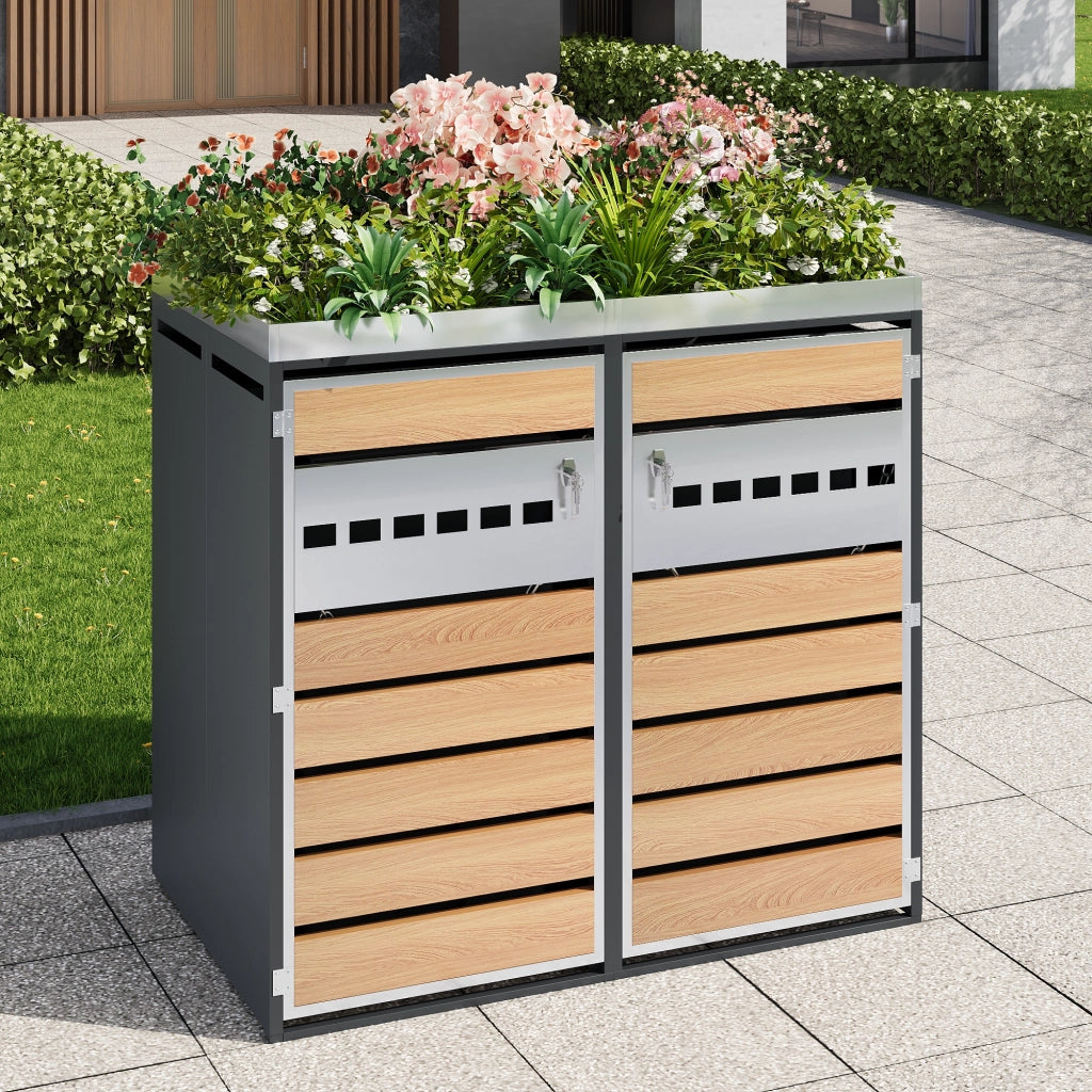 Armadio portarifiuti da giardino a 2 scomparti in acciaio zincato grigio effetto legno con fioriera e serratura