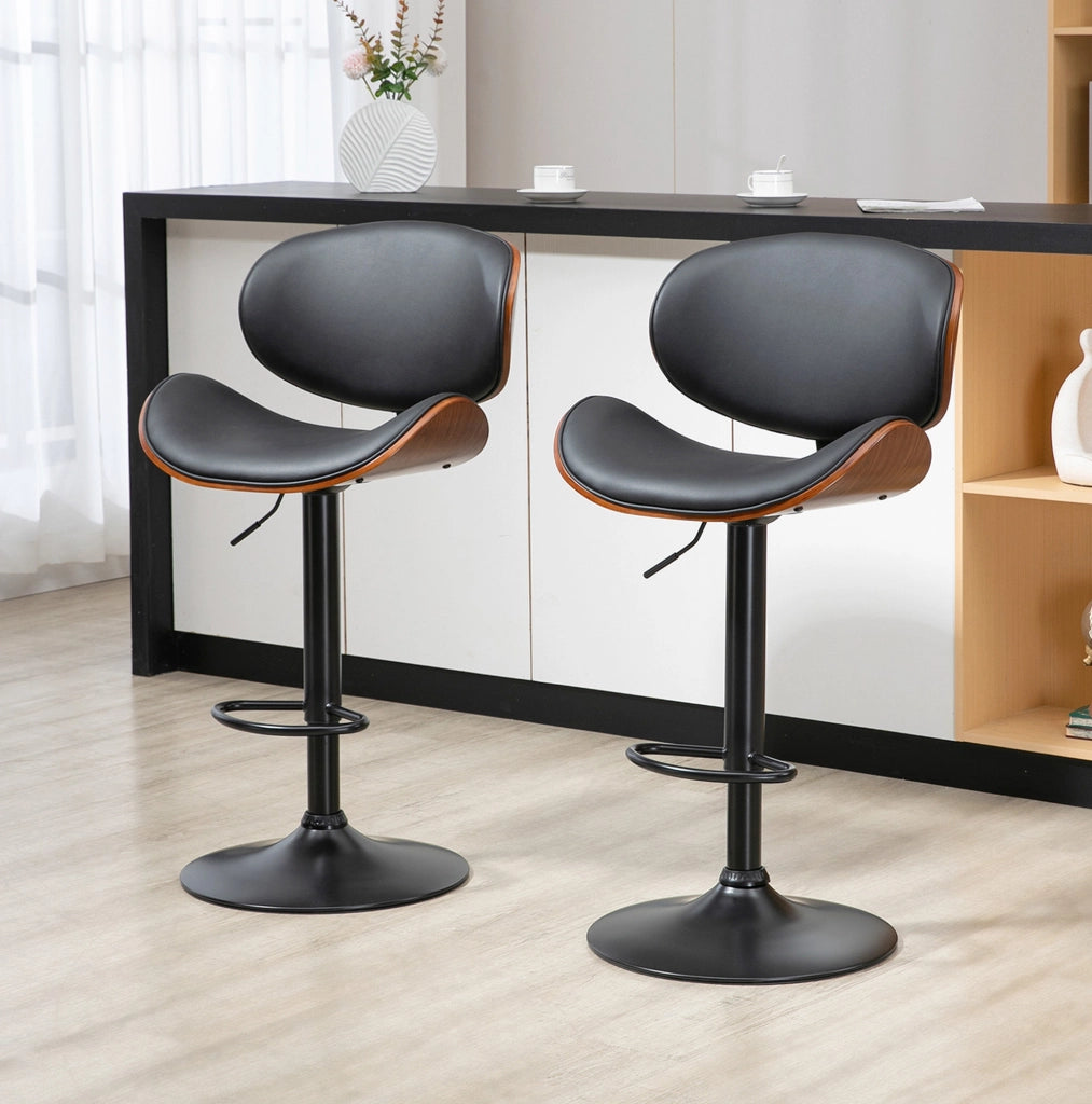 Set di 2 sgabelli da bar regolabili in altezza, sedie da cucina girevoli in ecopelle nera con poggiapiedi, struttura in acciaio, 53x52x92-112 cm