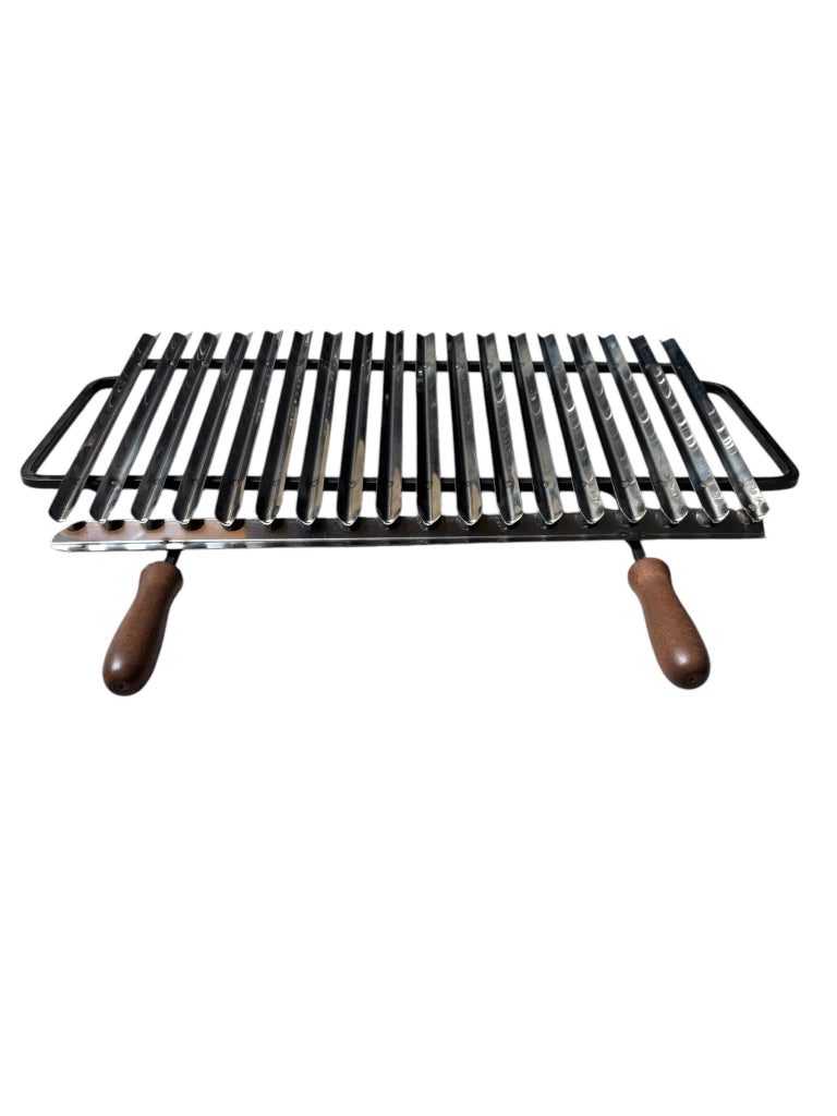 Griglia Scorrevole per Barbecue in Acciaio Inox, con Manici in Legno, Sistema Recupera Grassi, Made in Italy 72x35 cm