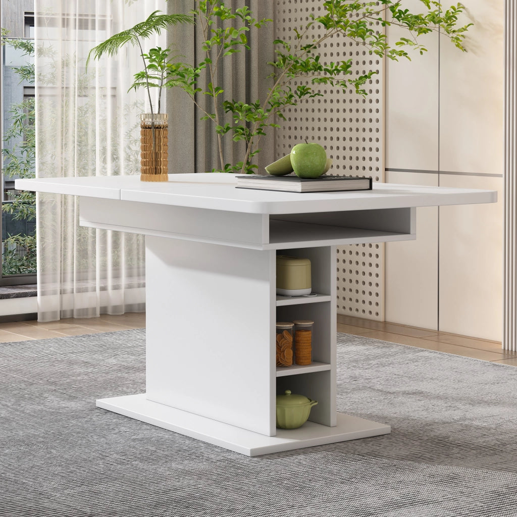 Tavolo da pranzo allungabile con vano contenitore e colonna centrale multifunzione per cucina, bianco, in truciolare