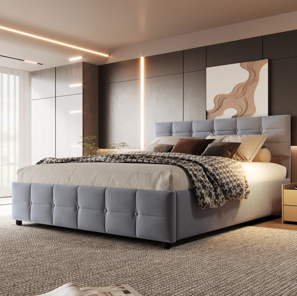Letto imbottito con rete a doghe e sollevamento idraulico, grigio