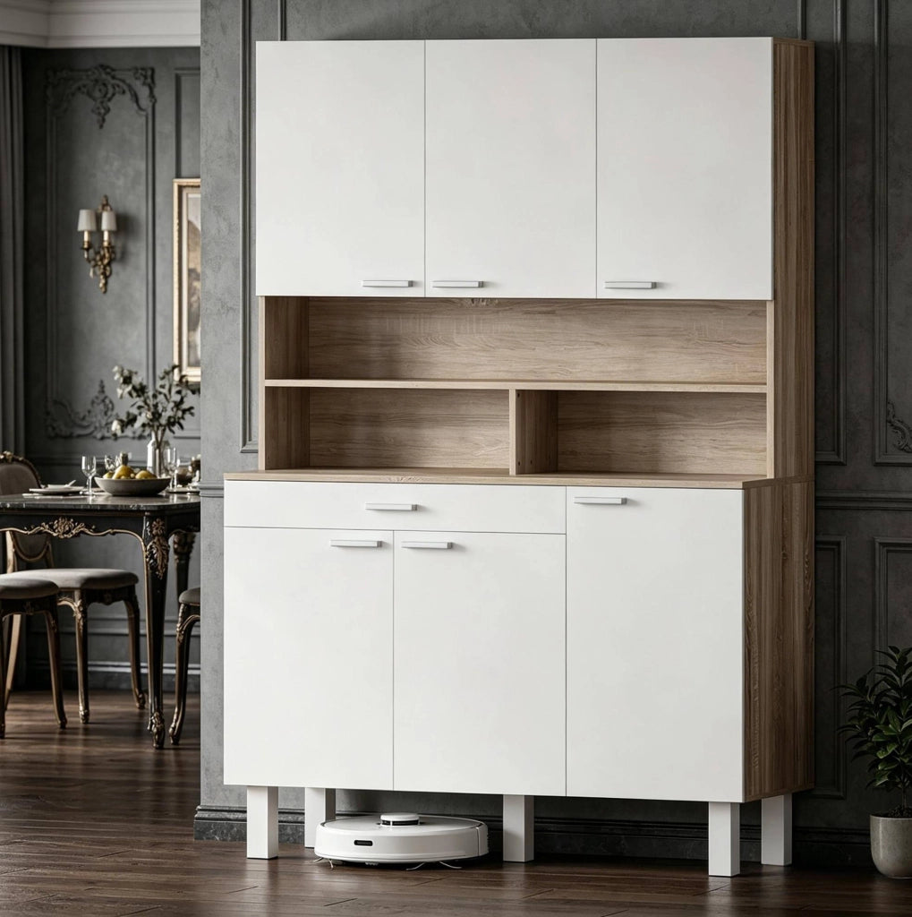 MOBILE CUCINA con 4 Armadietti e Cassetto 120x40x175 cm Bianco e Naturale