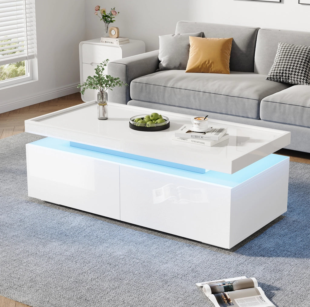 Tavolino da caff¨¨ 95x45x35 cm con LED, 2 cassetti in truciolare bianco