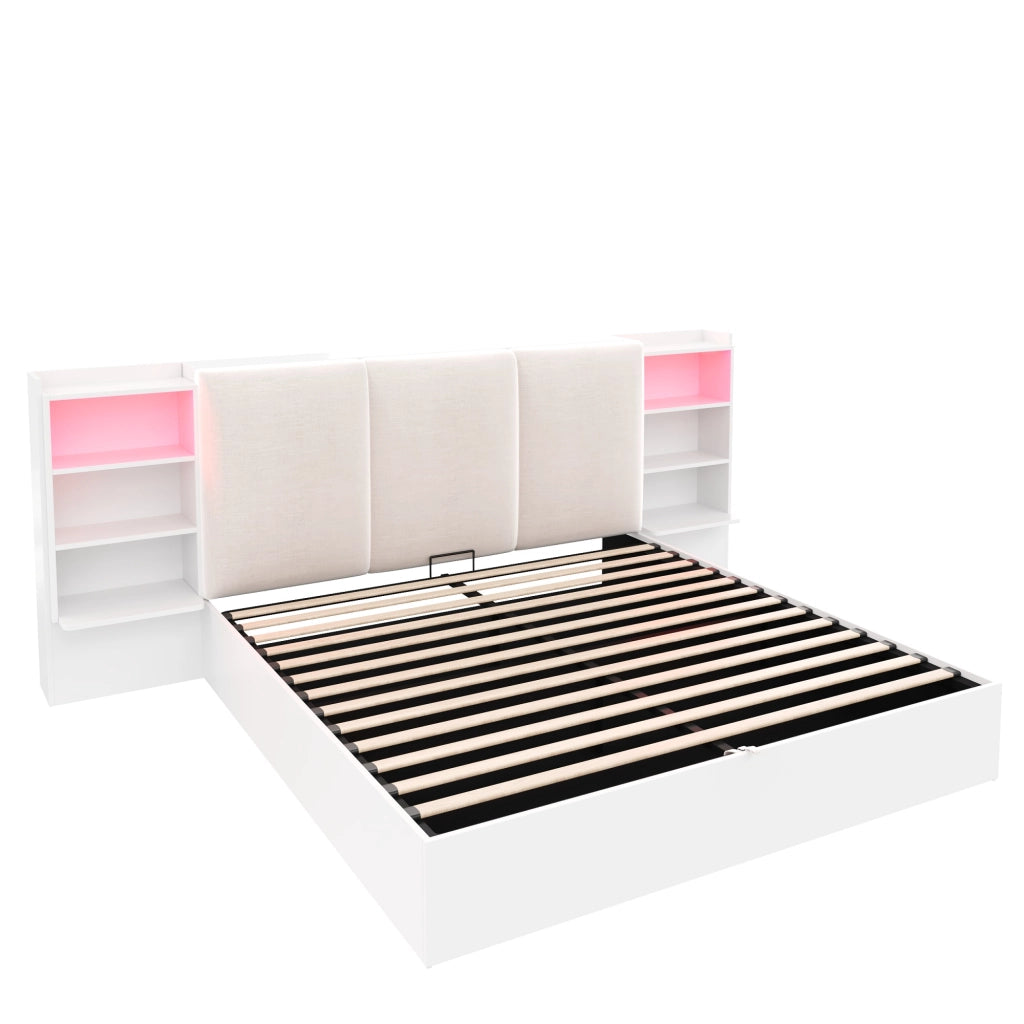 Letto Contenitore Imbottito 180x200 cm con Sollevamento Idraulico; LED; Bianco