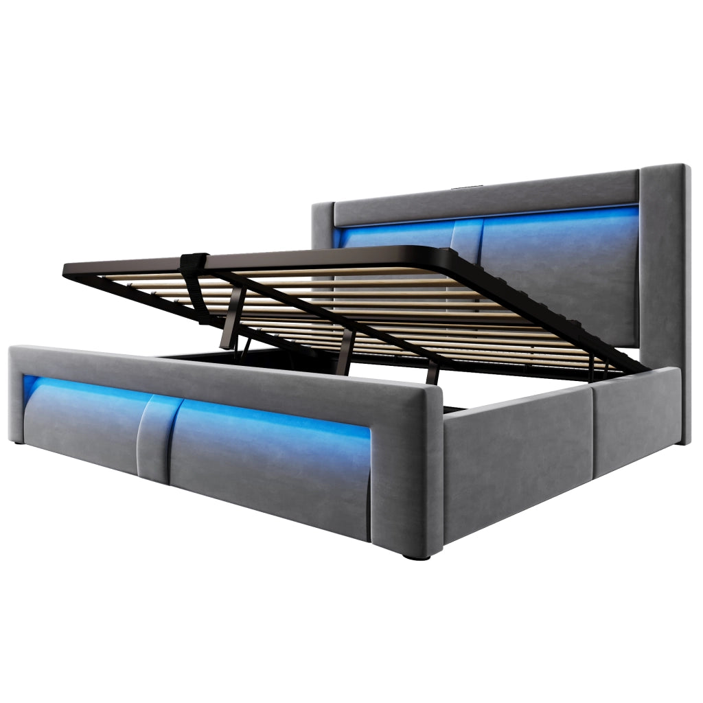 Letto contenitore 160x200 con testiera curva; LED e ricarica USB-C; velluto grigio