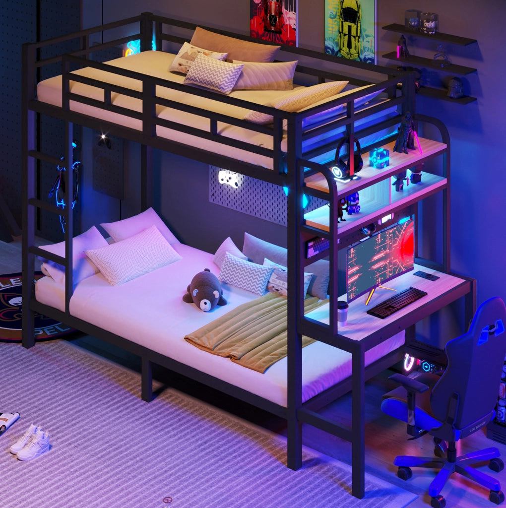 Letto a soppalco 90x200 cm con scrivania; LED e porta USB nero HOMVRA