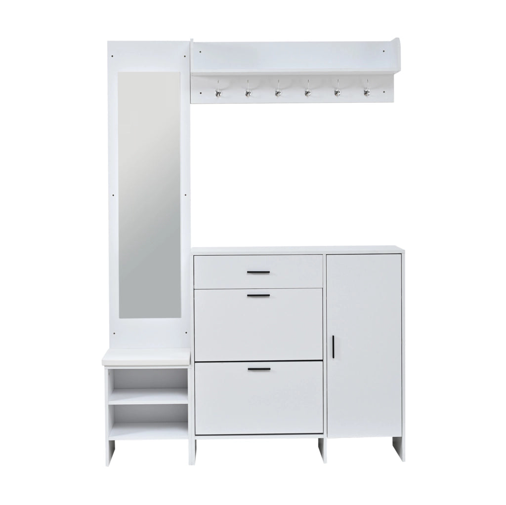 Mobile guardaroba da ingresso con scarpiera; specchio e panca; 140 ¡Á 30 ¡Á 200 cm; MDF bianco