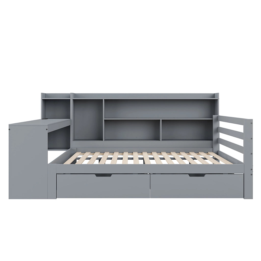 Divano Letto in Legno Massello 140x200 cm con Scrivania, Libreria, Ripiani e Presa di Corrente, Grigio