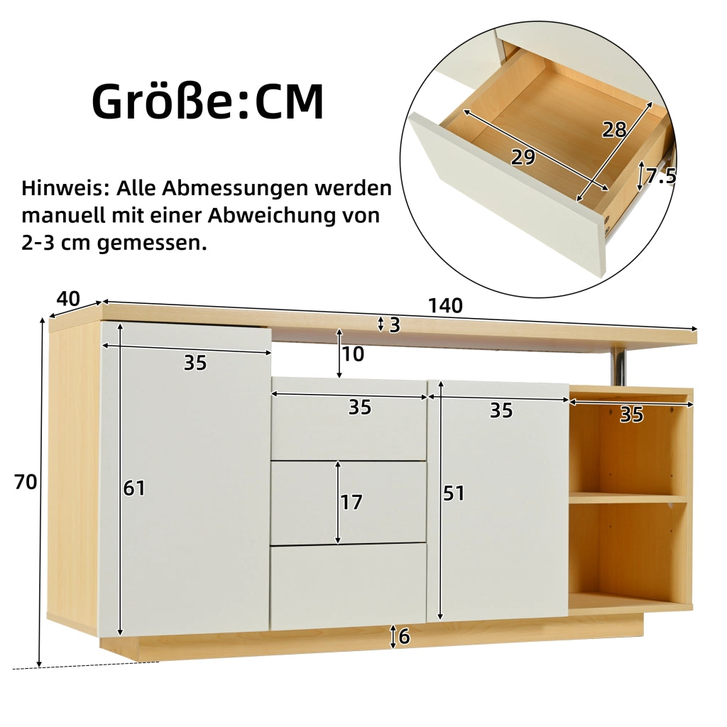 Credenza con 2 ante 3 cassetti vani aperti e LED in truciolare bianco e rovere chiaro 140 × 40 × 70 cm