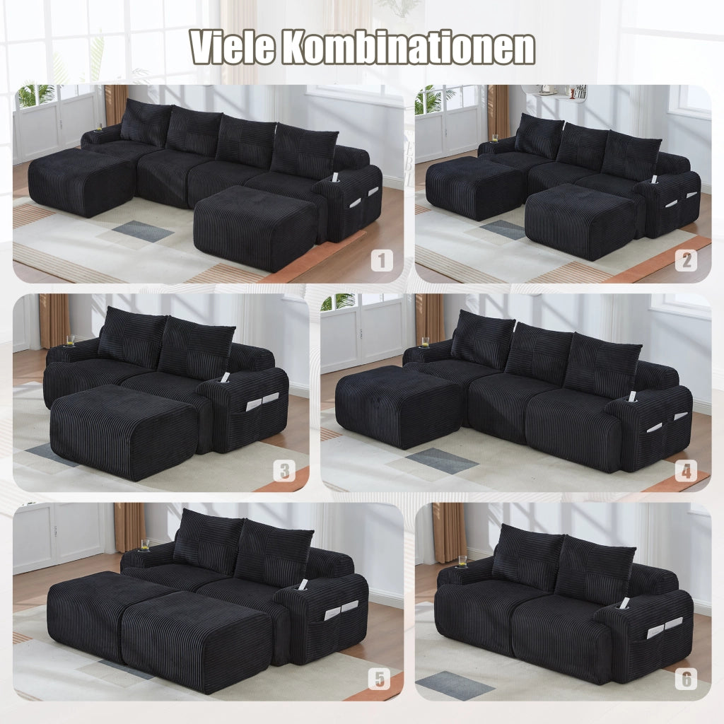 Divano modulare a 2 posti in velluto a coste nero con portabicchieri integrato e tasca laterale 200 × 99 × 80 cm