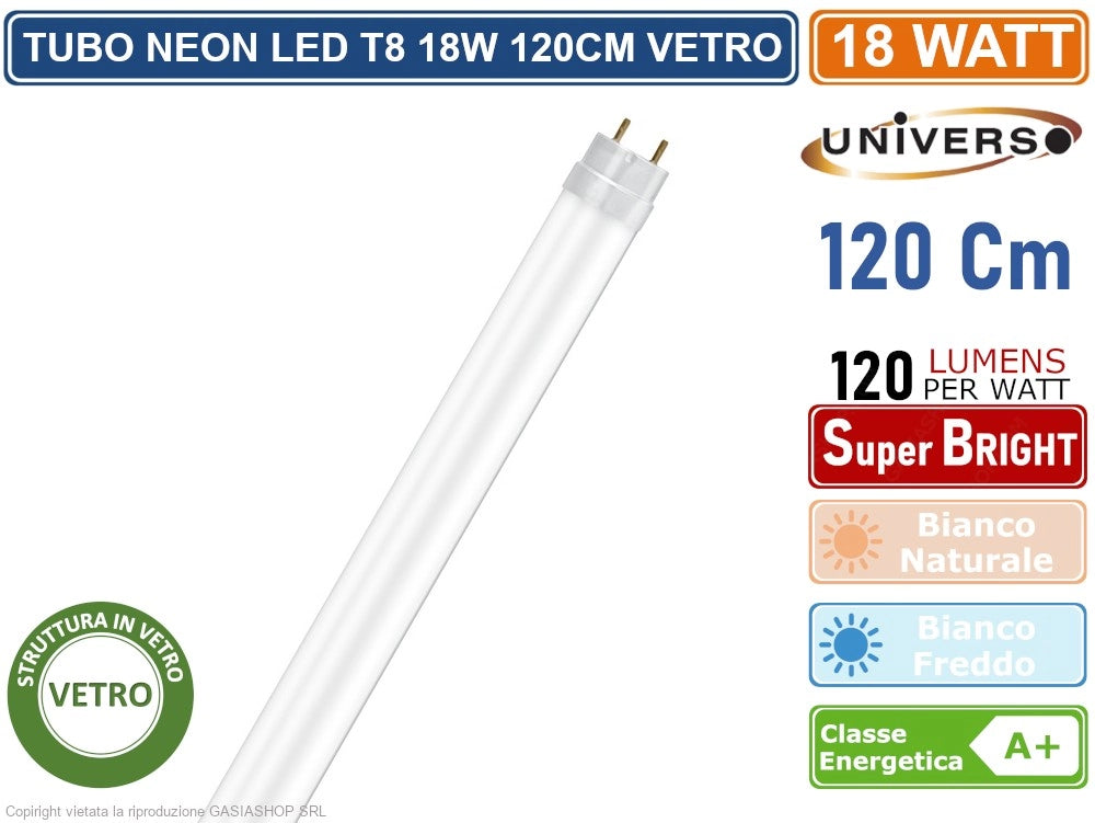 TUBO LED SMD IN VETRO T8 G13 18W LAMPADINA 120CM 2150 LUMEN 330° - Colore Luce:Bianco Naturale