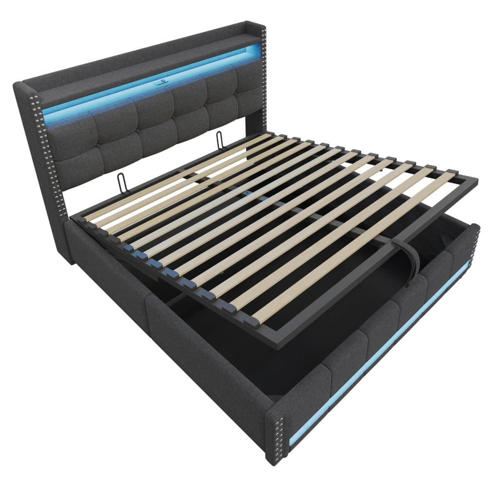 Letto matrimoniale imbottito 180×200 cm 2 posti con contenitore idraulico; LED e USB; senza materasso; grigio