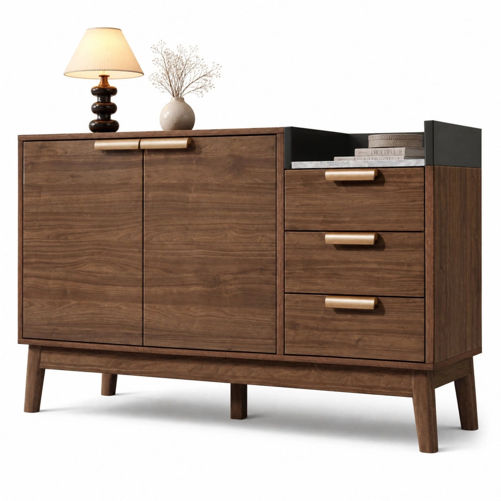 Credenza in effetto rovere con piano effetto marmo; 120x40x77 cm; marrone scuro