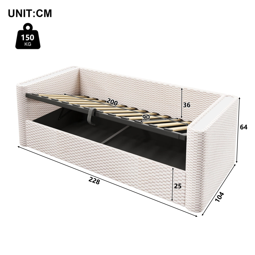 Letto divano singolo 90 × 200 cm con contenitore idraulico e LED multicolore; senza materasso; in velluto beige