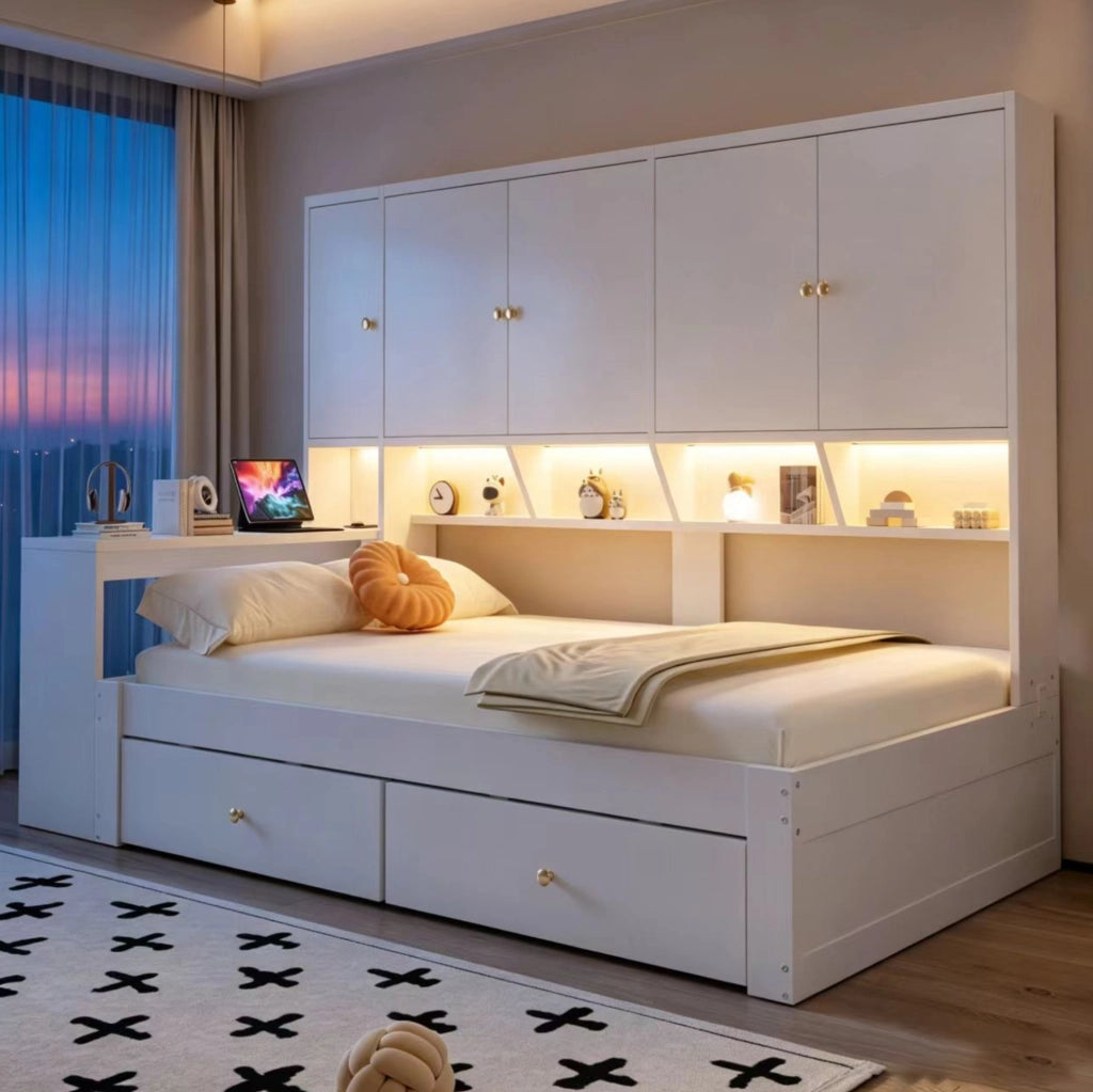 LETTO Multifunzionale 90x200 cm con Scrivania, LED e Prese Bianco