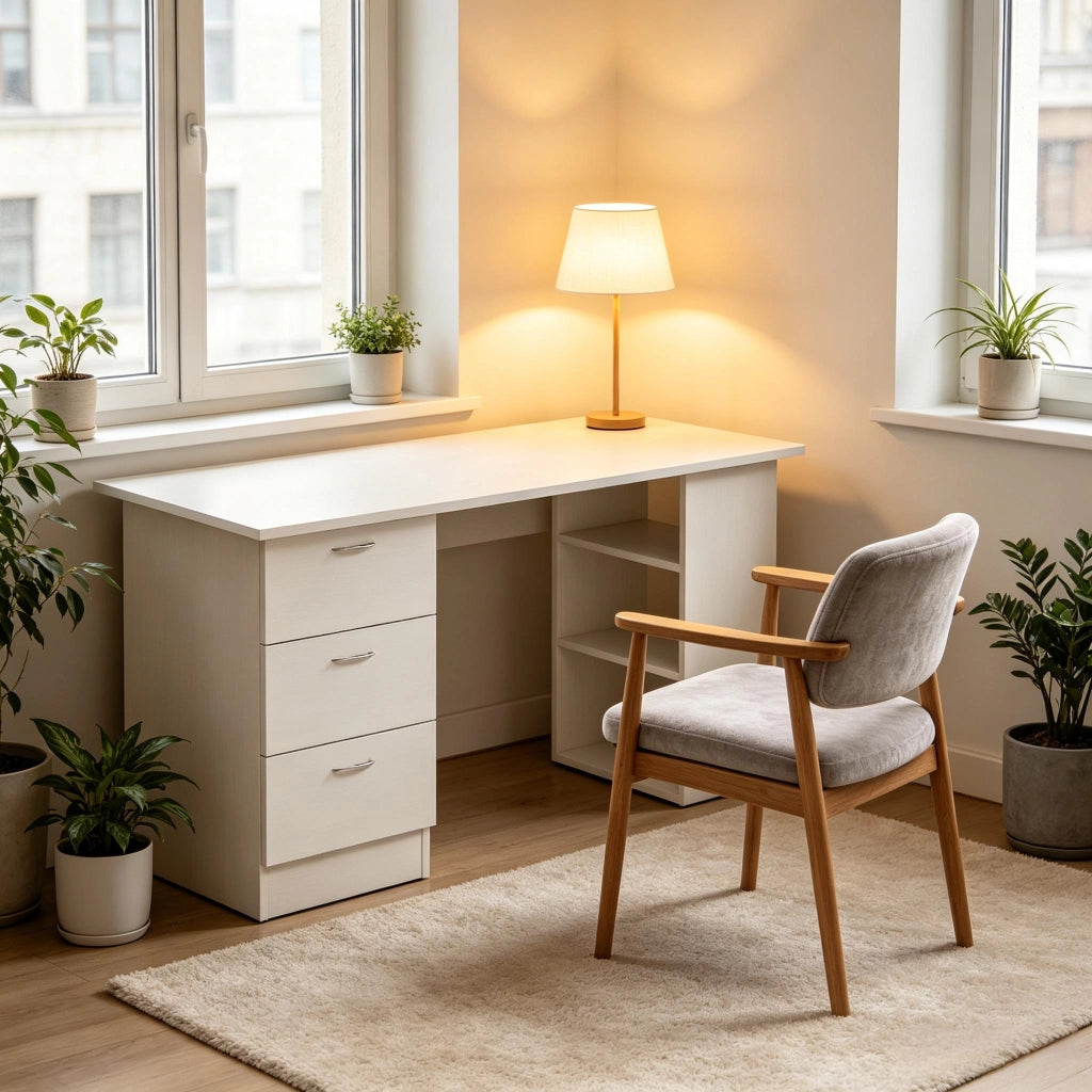 Scrivania dritta con 3 cassetti e 3 ripiani aperti in MDF bianco configurabili su entrambi i lati 120 × 49 × 72 cm