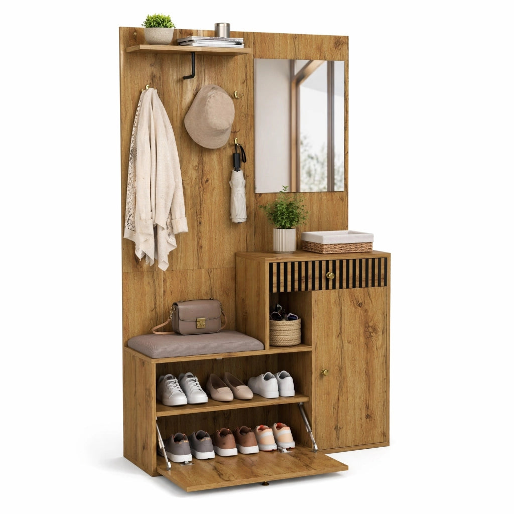 Mobile ingresso con specchio, seduta e appendiabiti MDF