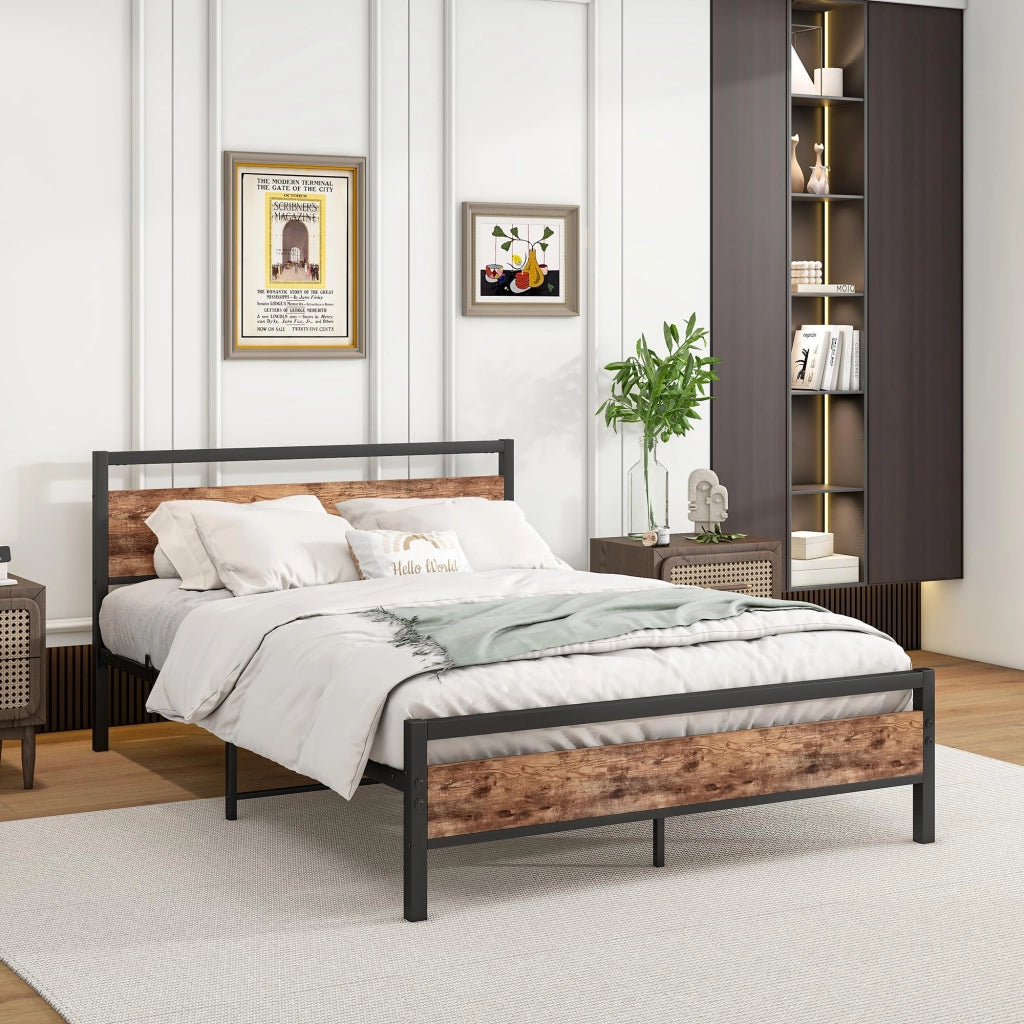 Letto 140 × 200 cm con rete a doghe in acciaio struttura in metallo e MDF marrone antico portata 450 kg