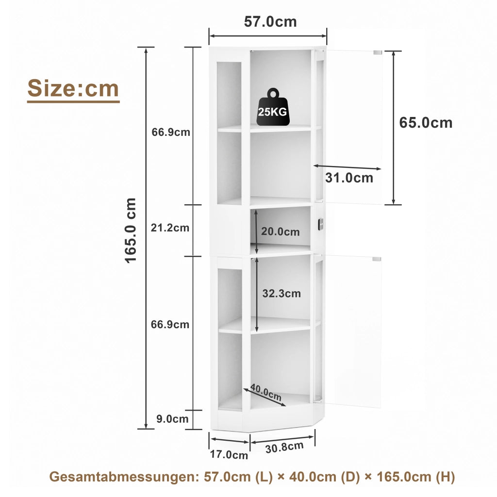 Vetrina con ante in vetro e illuminazione LED a sensore, 5 ripiani per sala e camera, MDF bianco, 57 × 40 × 165 cm