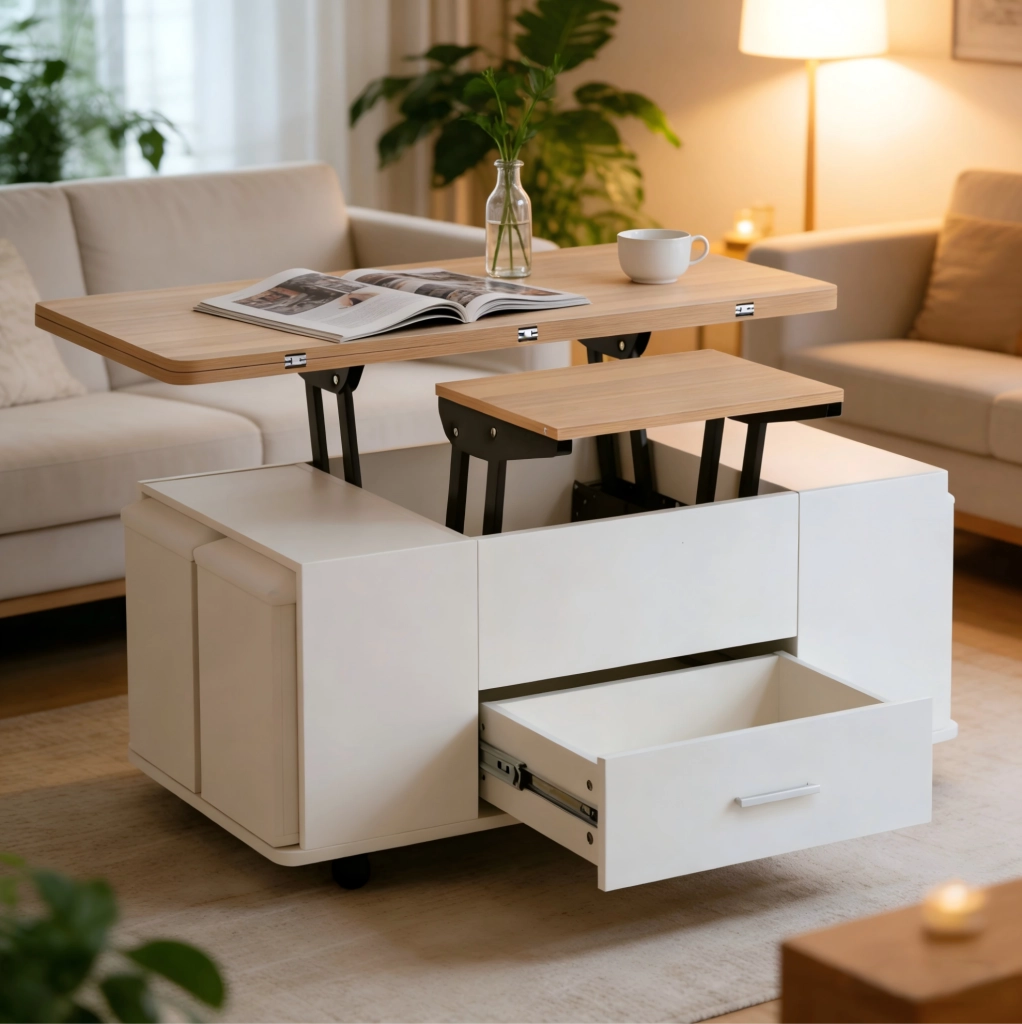 Tavolino trasformabile 100 x 50 x 45 cm bianco e legno, 4 sgabelli