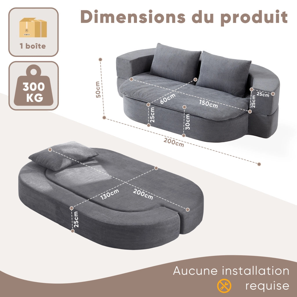 Divano letto pieghevole 3 in 1 in flanella grigio chiaro con coperta
