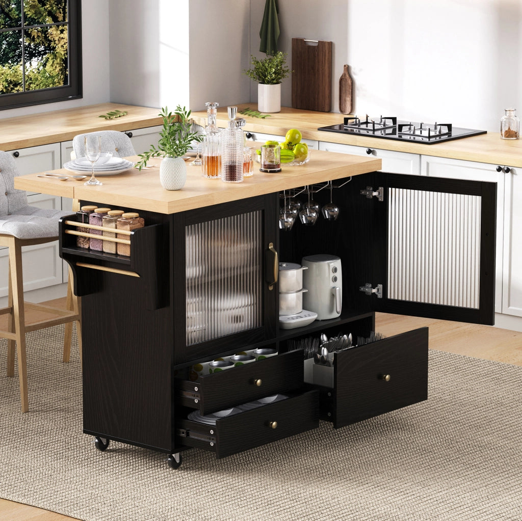 Isola cucina mobile estensibile nero e legno con ruote e porta-bicchieri