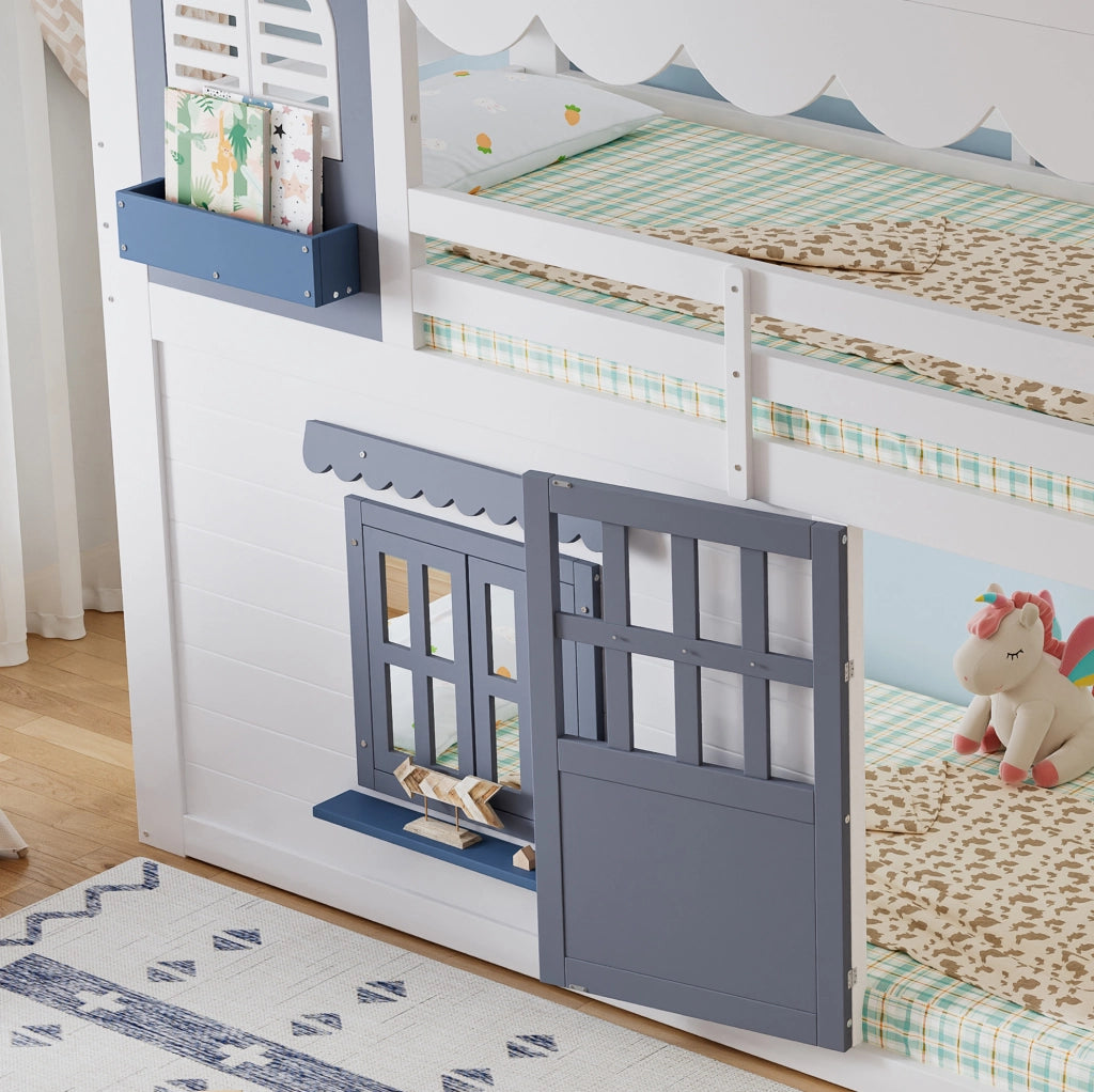 LETTO A SOPPALCO 90x200 cm Bianco e Blu con Scala Contenitore a Casetta
