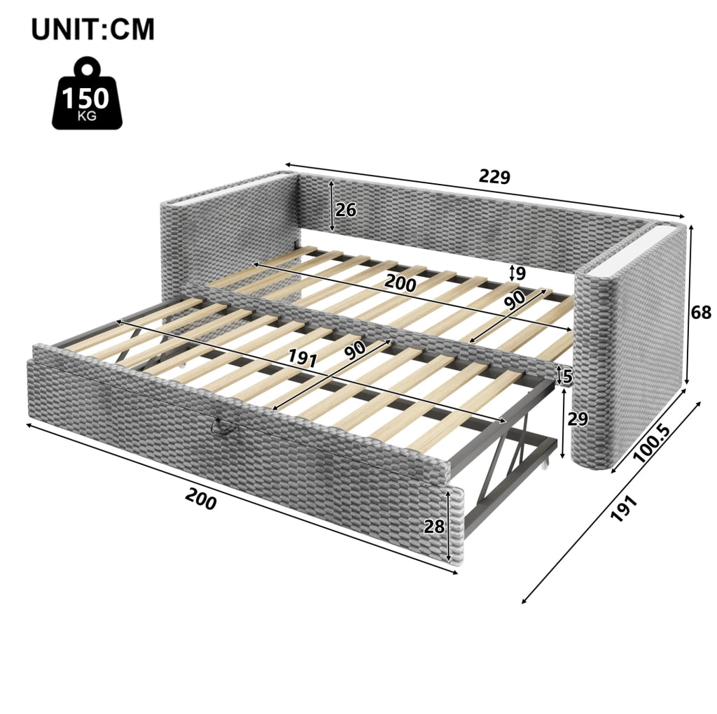 Letto estraibile multifunzione in velluto grigio con LED