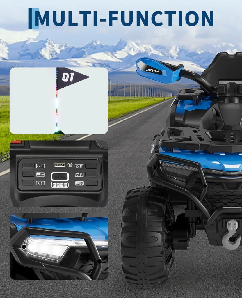 Quad Elettrico per Bambini 12V Fuoristrada con Telecomando; Sospensioni; Bandiera LED e Bluetooth - Blu